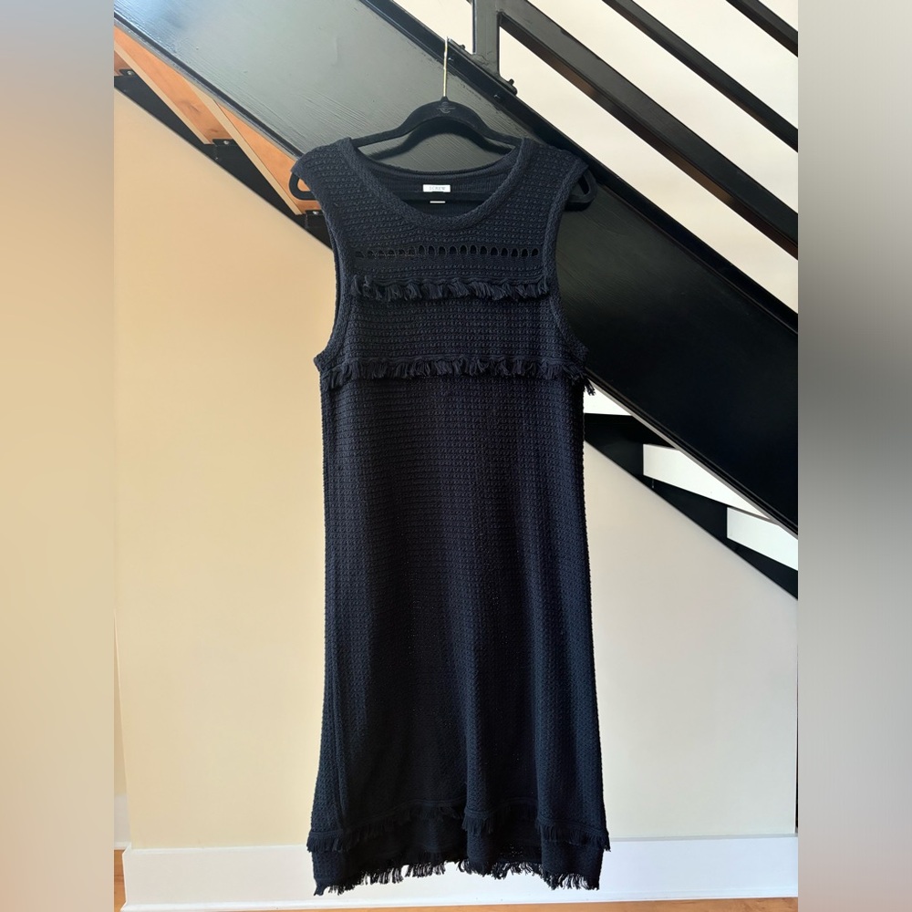 Women’s Black Knit Dress, Fringe Accents On Bodice and Hem, Near New, SizeM